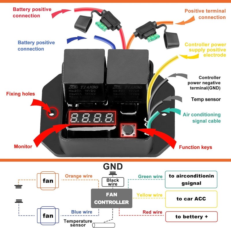 ATVMaster وحدة تحكم مروحة المبرد الرقمية 12V و 24V، نطاق درجة حرارة قابل للتعديل، وحدة تحكم مزدوجة للمروحة الكهربائية، مجموعة مفتاح مروحة حرارية استبدال # 0444 - Image 3